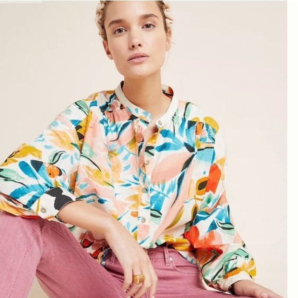 Anthropologie Crisanta Poplin Button Down Blouse in Cream Floral XS
